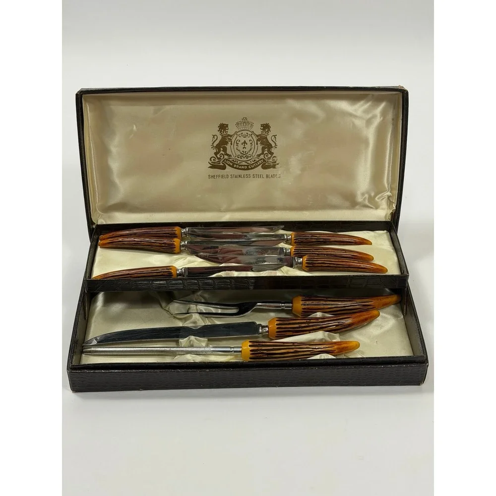 Vintage Lion Brand Sheffield Stainless Steak & Carving Knife Set